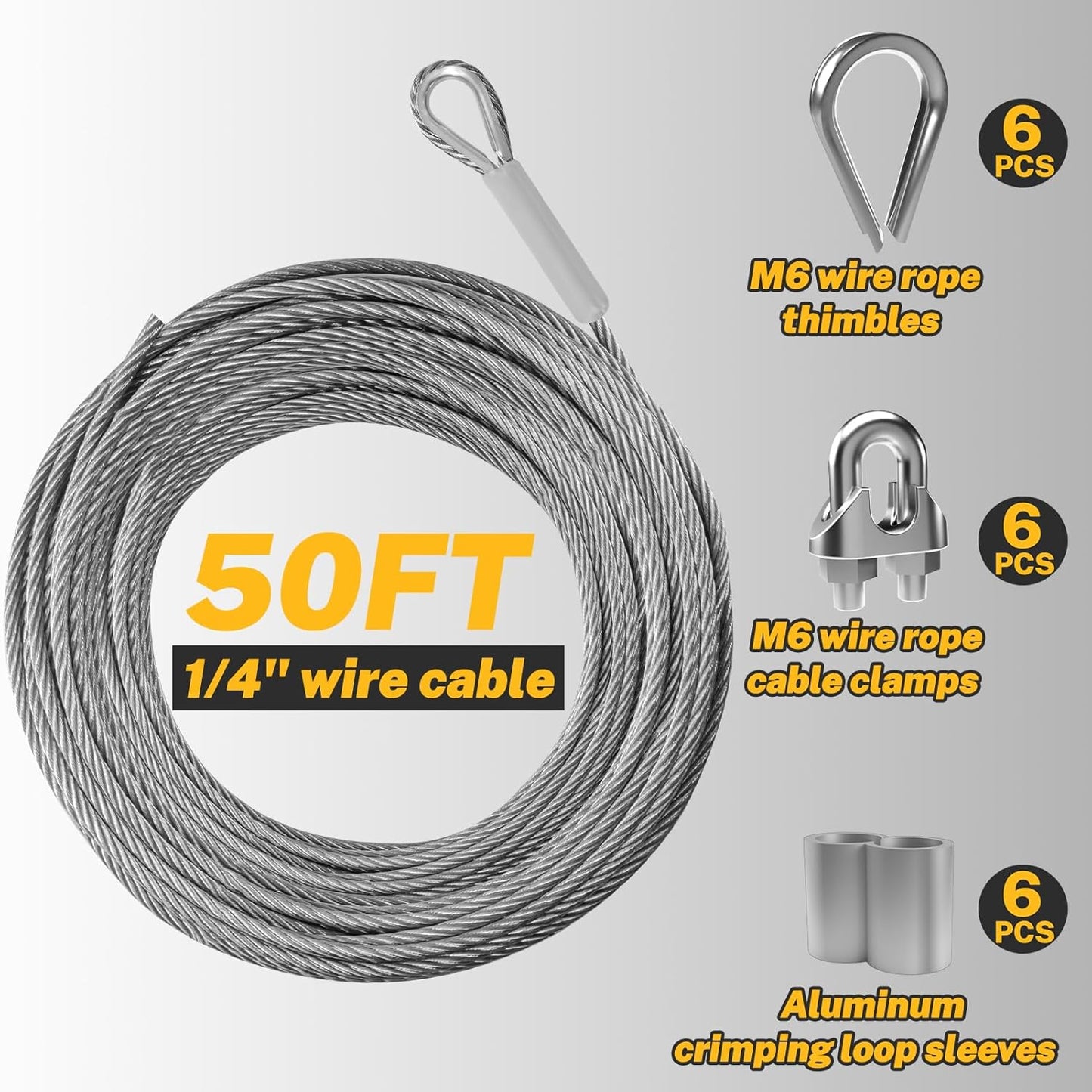 50FT 1/4" 304 Stainless Steel Wire Rope Kit – Includes Sleeves, Clips, Thimbles for Deck, Railings, and Outdoor Use