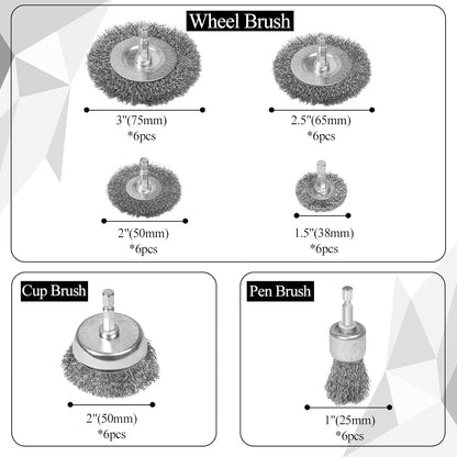 36-Pack Wire Brush Set for Drill – Coarse Carbon Steel Wheel, Cup & Pen Brushes with 1/4" Hex Shank for Paint & Rust Removal