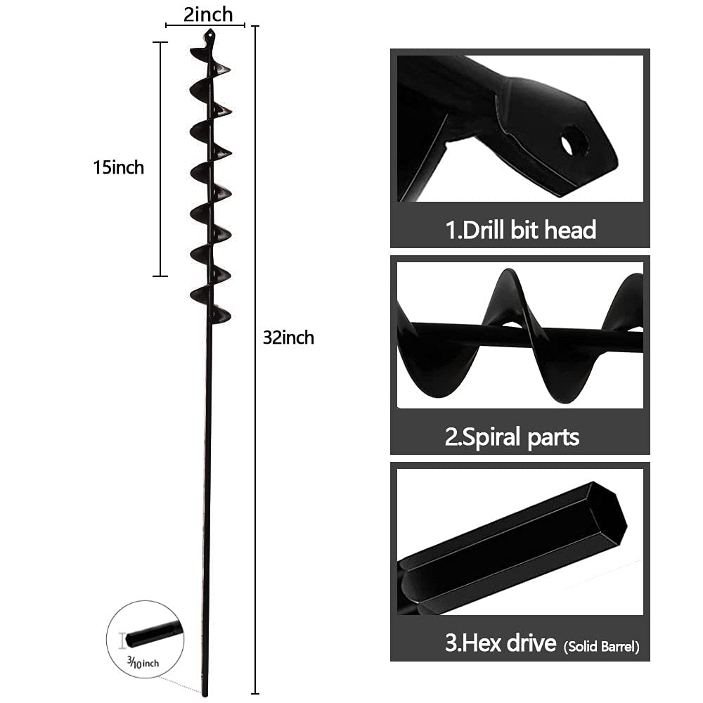32" x 2" Extended Length Garden Auger Drill Bit for Planting Bulb & Bedding Plant Auger 100% Solid Barrel-No Need to Squat Post Hole Digger for 3/8" Hex Drive Drill- Earth Auger Bulb Planter Tool