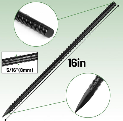 24-Pack 16" Rebar Stakes, 5/16" Steel Garden Anchors with Chisel Points for Landscaping and Fencing