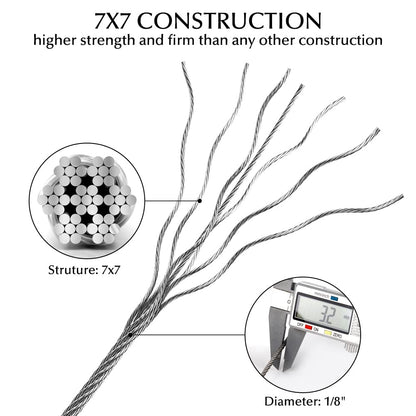 Wire Rope 1/8” Stainless Steel Cable with Cutter,165FT Aircraft Cable 7X7 Strands Construction with 20pcs Crimping Sleeves,20pcs Thimbles for Decking Railings Stair