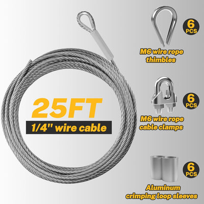 50FT 1/4" 304 Stainless Steel Wire Rope Kit – Includes Sleeves, Clips, Thimbles for Deck, Railings, and Outdoor Use