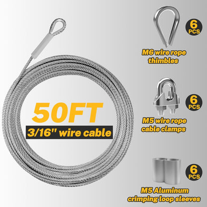 50FT 3/16" 304 Stainless Steel Wire Rope Kit – Includes Sleeves, Clips, Thimbles for Deck Railings and Outdoor Use