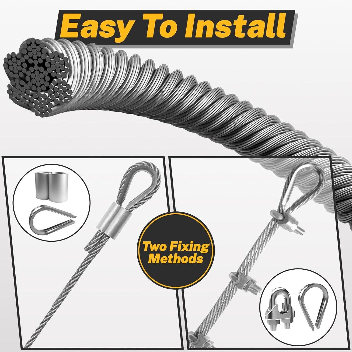 50FT 1/4" 304 Stainless Steel Wire Rope Kit – Includes Sleeves, Clips, Thimbles for Deck, Railings, and Outdoor Use