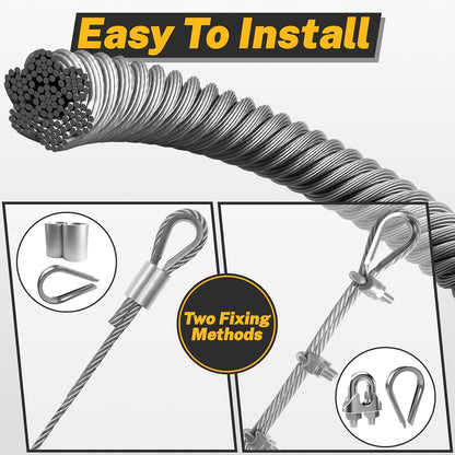 50FT 1/4" 304 Stainless Steel Wire Rope Kit – Includes Sleeves, Clips, Thimbles for Deck, Railings, and Outdoor Use