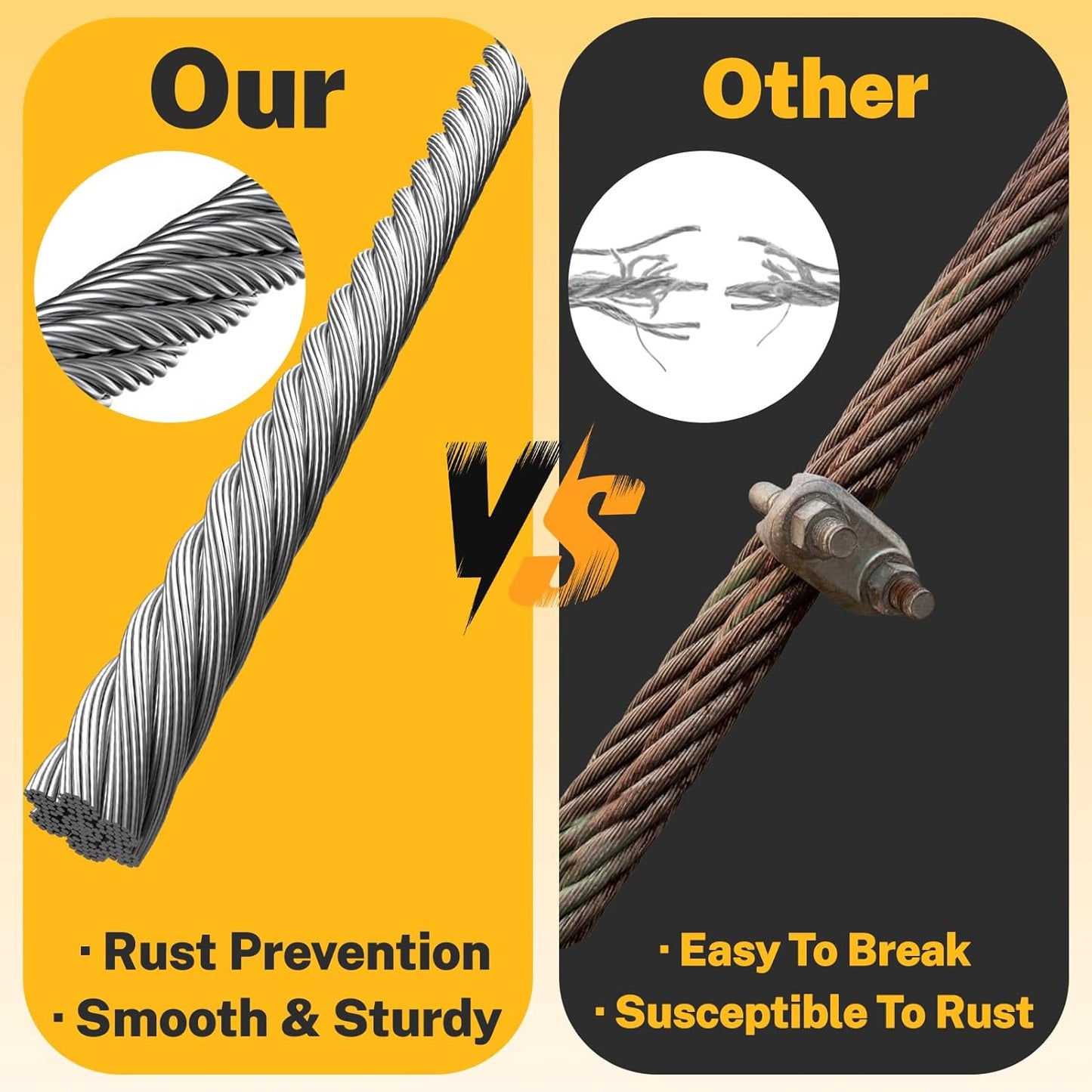 50FT 3/16" 304 Stainless Steel Wire Rope Kit – Includes Sleeves, Clips, Thimbles for Deck Railings and Outdoor Use