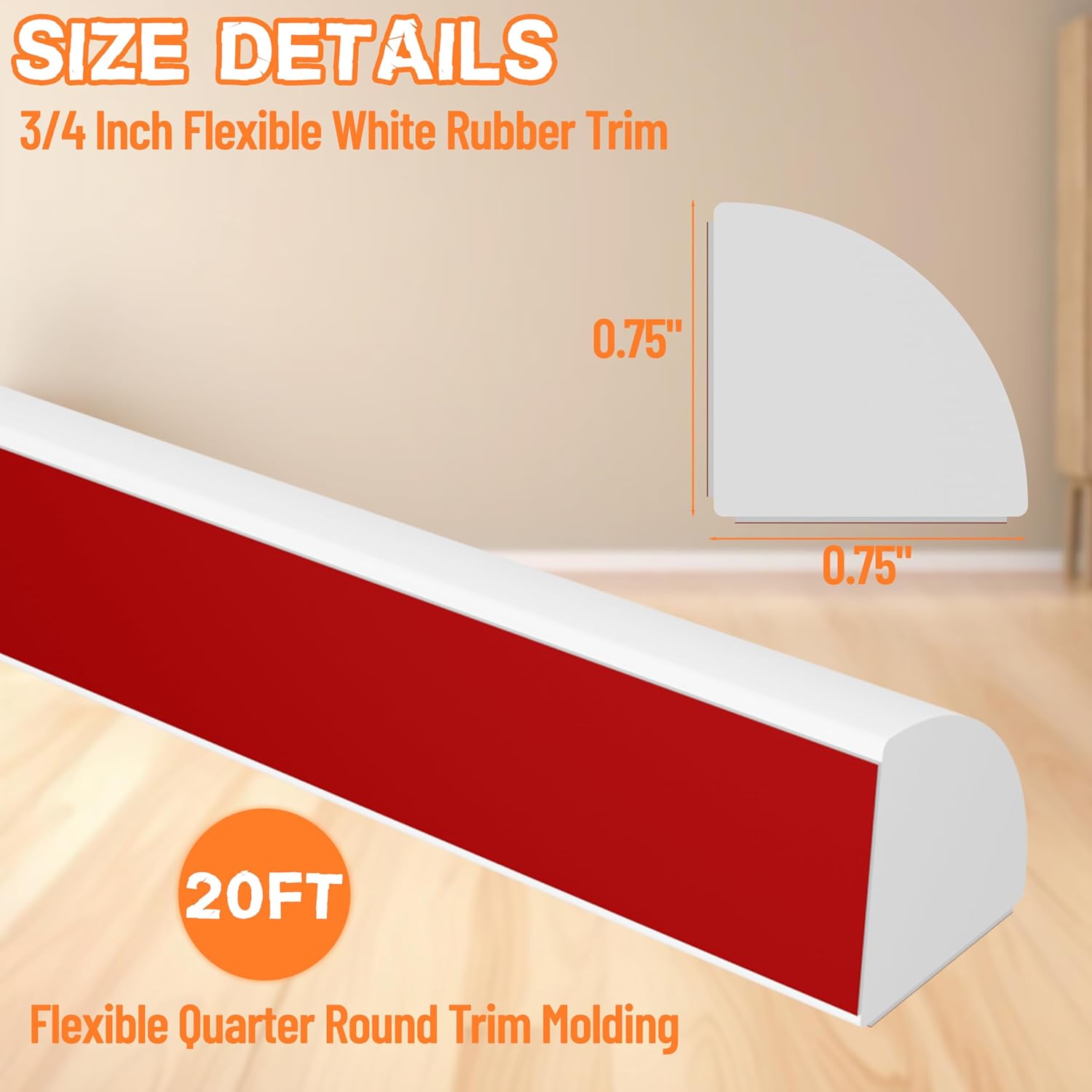 10ft 3/4" White Flexible Rubber Trim – Self-Adhesive Quarter Round Molding