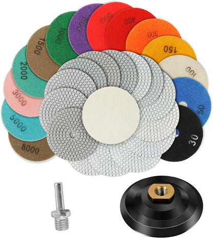 4 Inch Diamond Polishing Pads,16 Pack Wet/Dry Polish Pad Kit with 5/8’’-11 Backer Pad for Drill, Grinder, Polisher,30-8000 Grit Pads for Granite Marble Concrete Stone Quartz