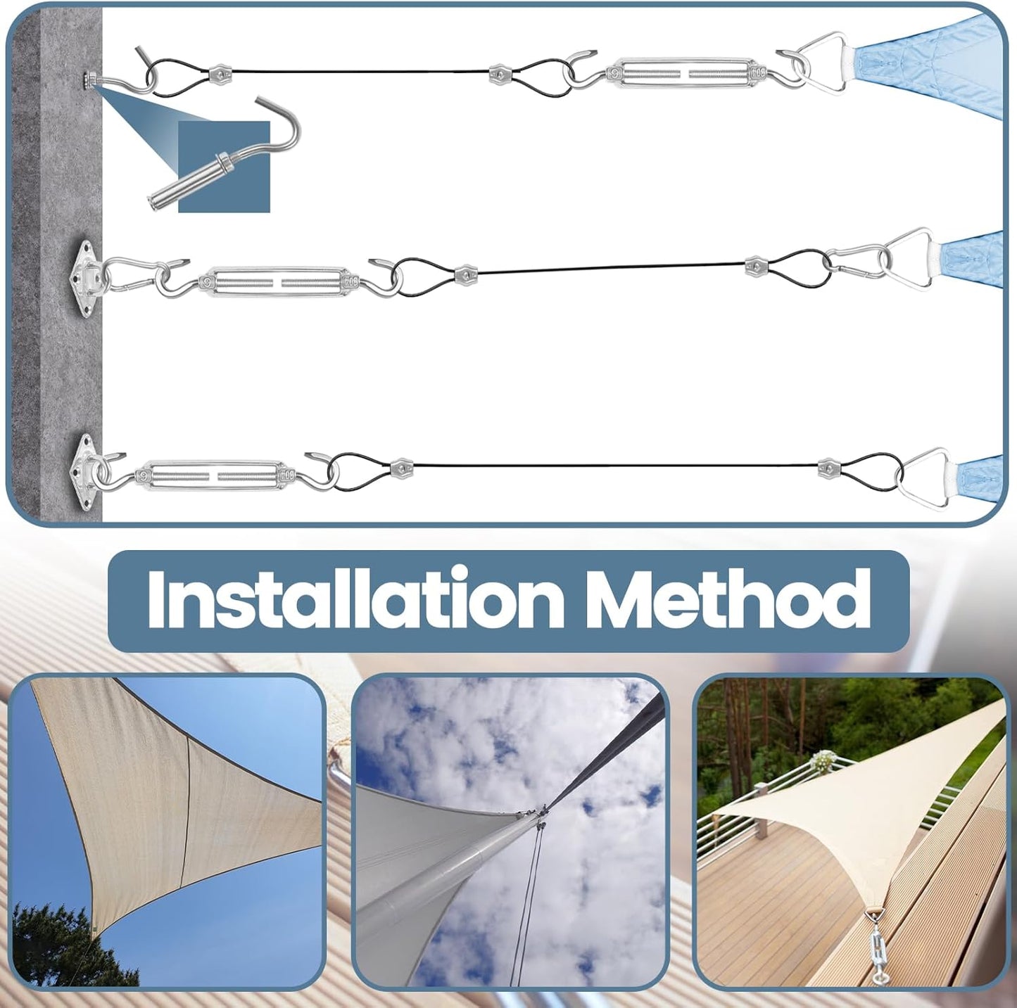 10ft Sun Shade Sail Hardware Kit – 304 Stainless Steel Cable with Nylon Coating (4 PCS) for Outdoor Installation
