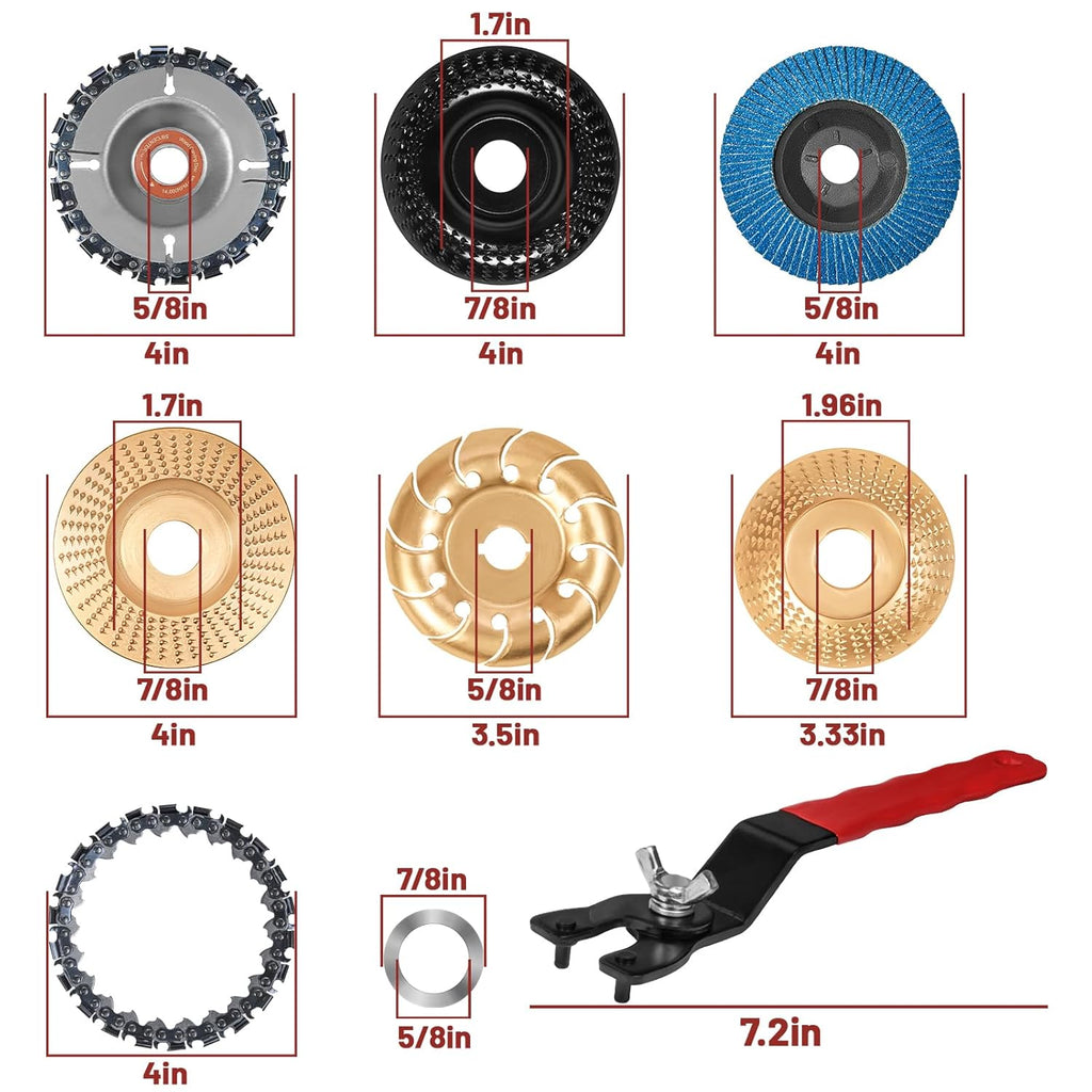 11PCS Wood Carving Disc Set for 4" or 4 1/2" Angle Grinder – Woodworking Attachment for Cutting, Carving, Polishing