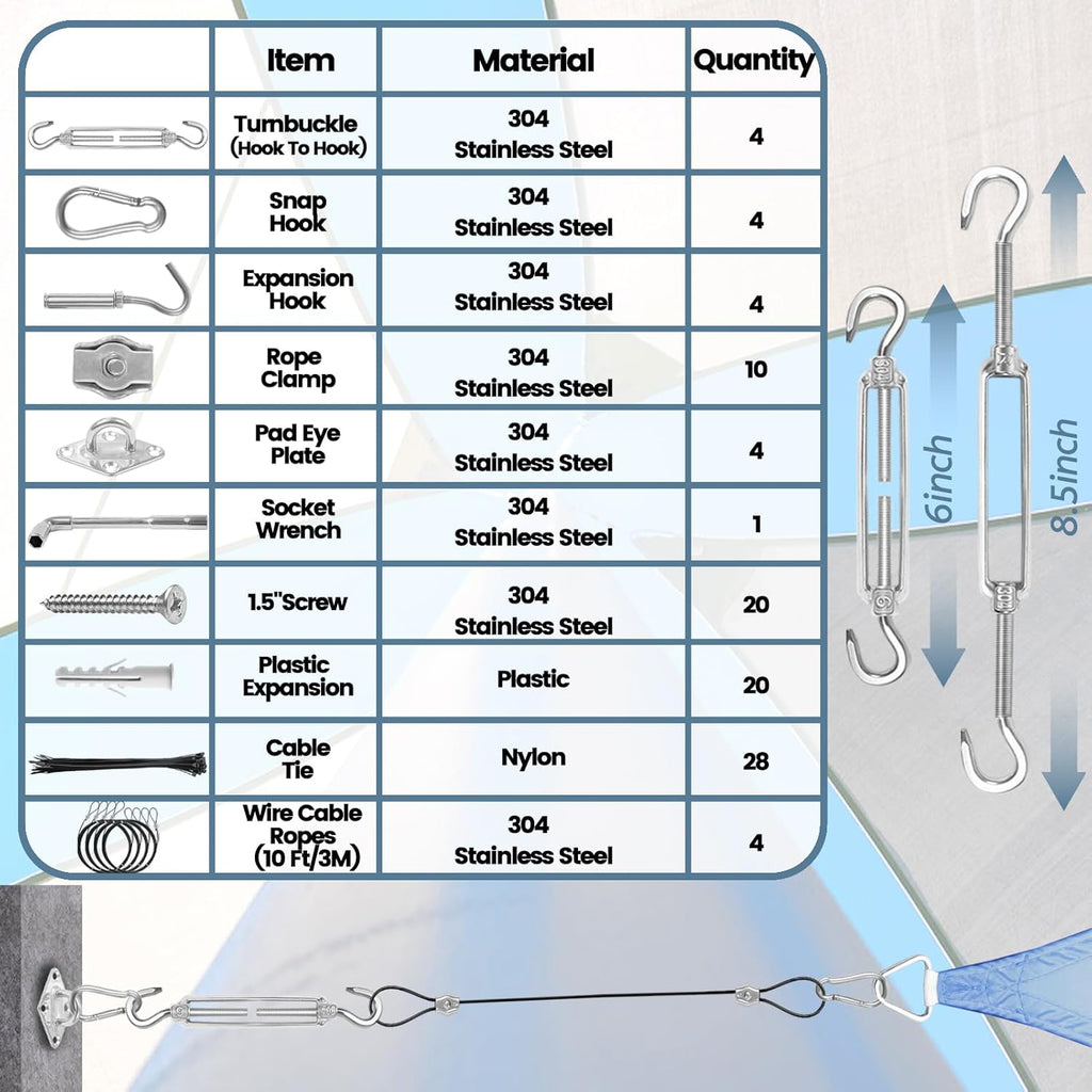 10ft Sun Shade Sail Hardware Kit – 304 Stainless Steel Cable with Nylon Coating (4 PCS) for Outdoor Installation