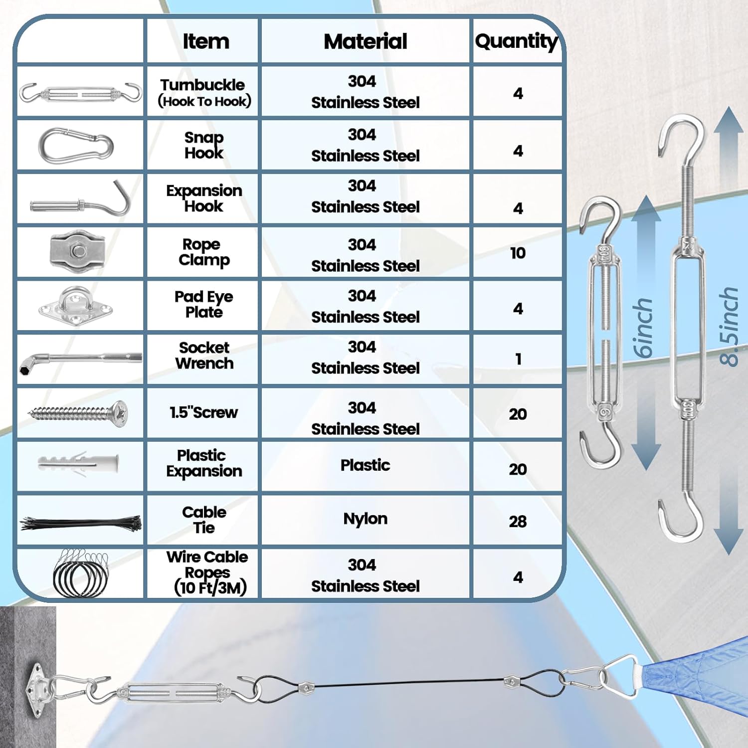 10ft Sun Shade Sail Hardware Kit – 304 Stainless Steel Cable with Nylon Coating (4 PCS) for Outdoor Installation