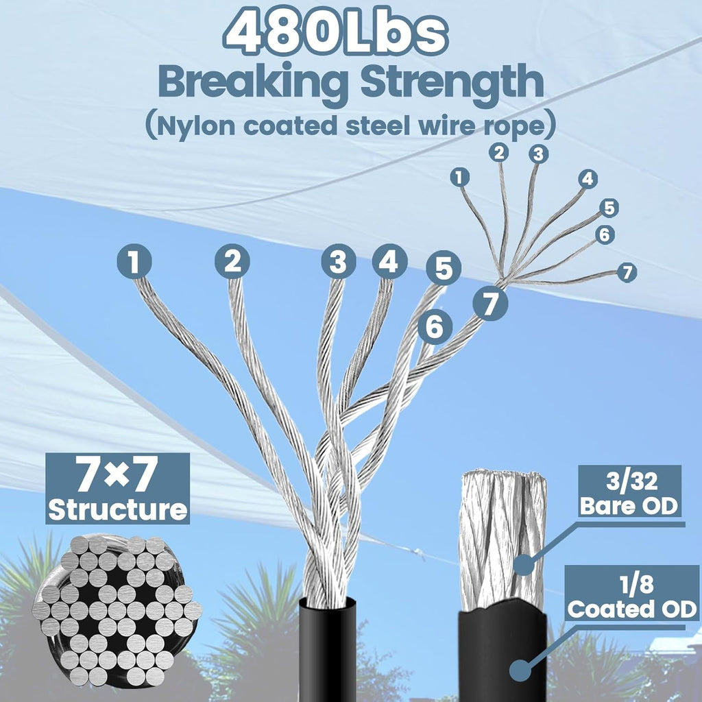 10ft Sun Shade Sail Hardware Kit – 304 Stainless Steel Cable with Nylon Coating (4 PCS) for Outdoor Installation