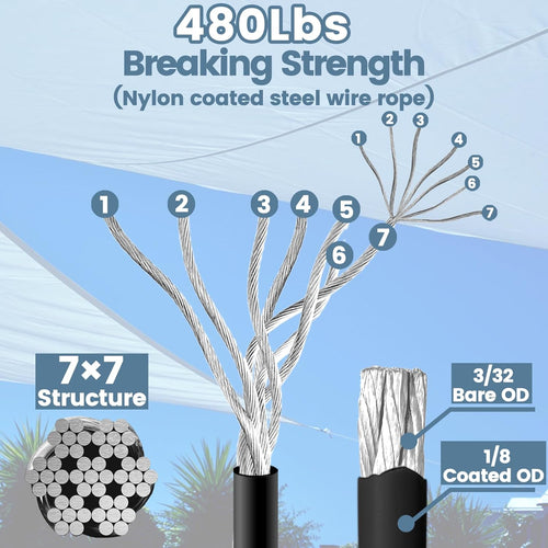 10ft Sun Shade Sail Hardware Kit – 304 Stainless Steel Cable with Nylon Coating (4 PCS) for Outdoor Installation