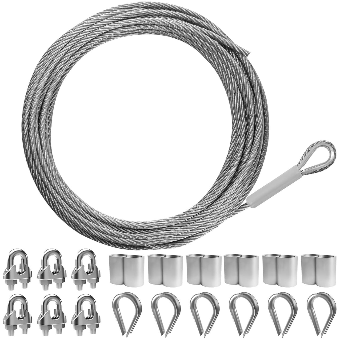 50FT 1/4" 304 Stainless Steel Wire Rope Kit – Includes Sleeves, Clips, Thimbles for Deck, Railings, and Outdoor Use