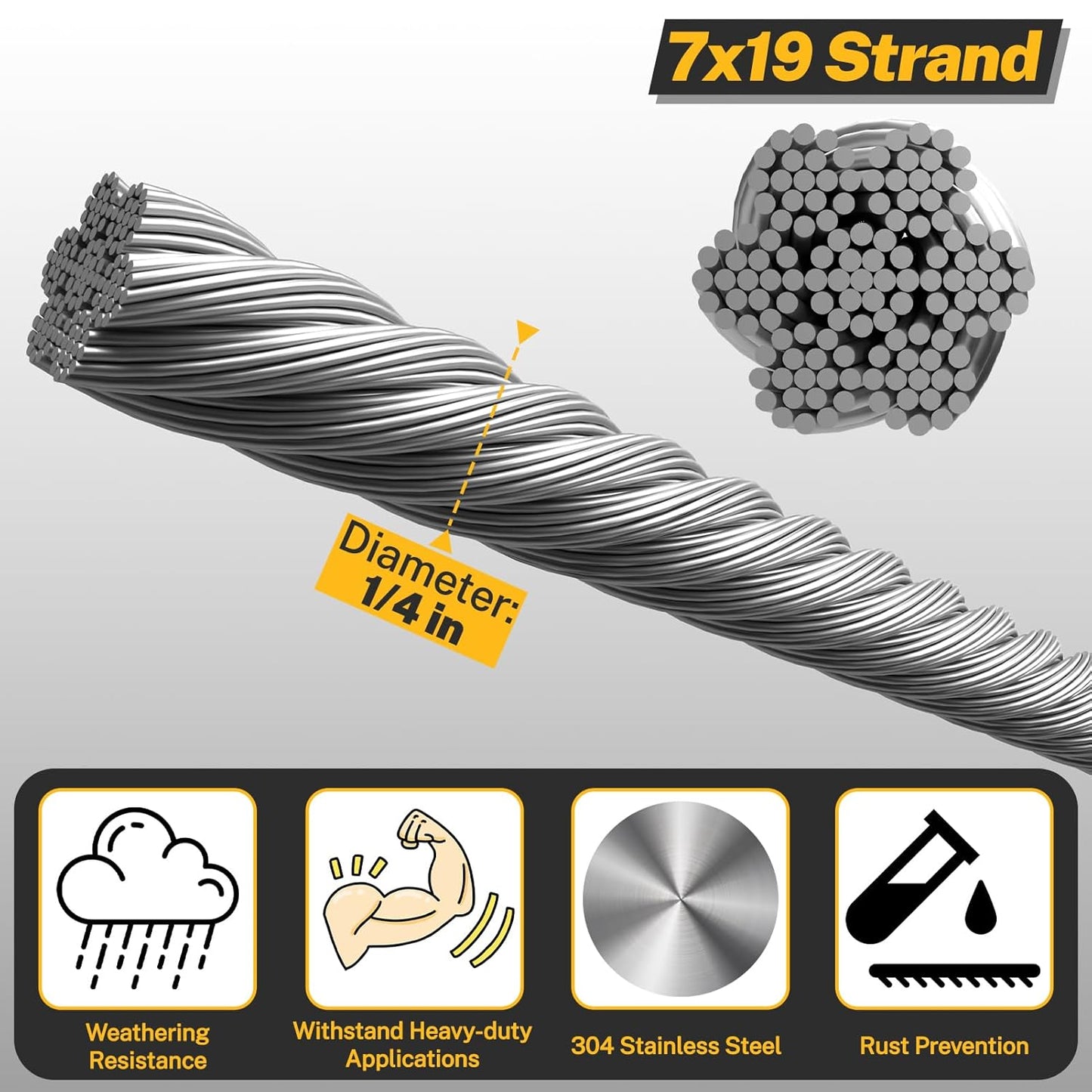 50FT 1/4" 304 Stainless Steel Wire Rope Kit – Includes Sleeves, Clips, Thimbles for Deck, Railings, and Outdoor Use