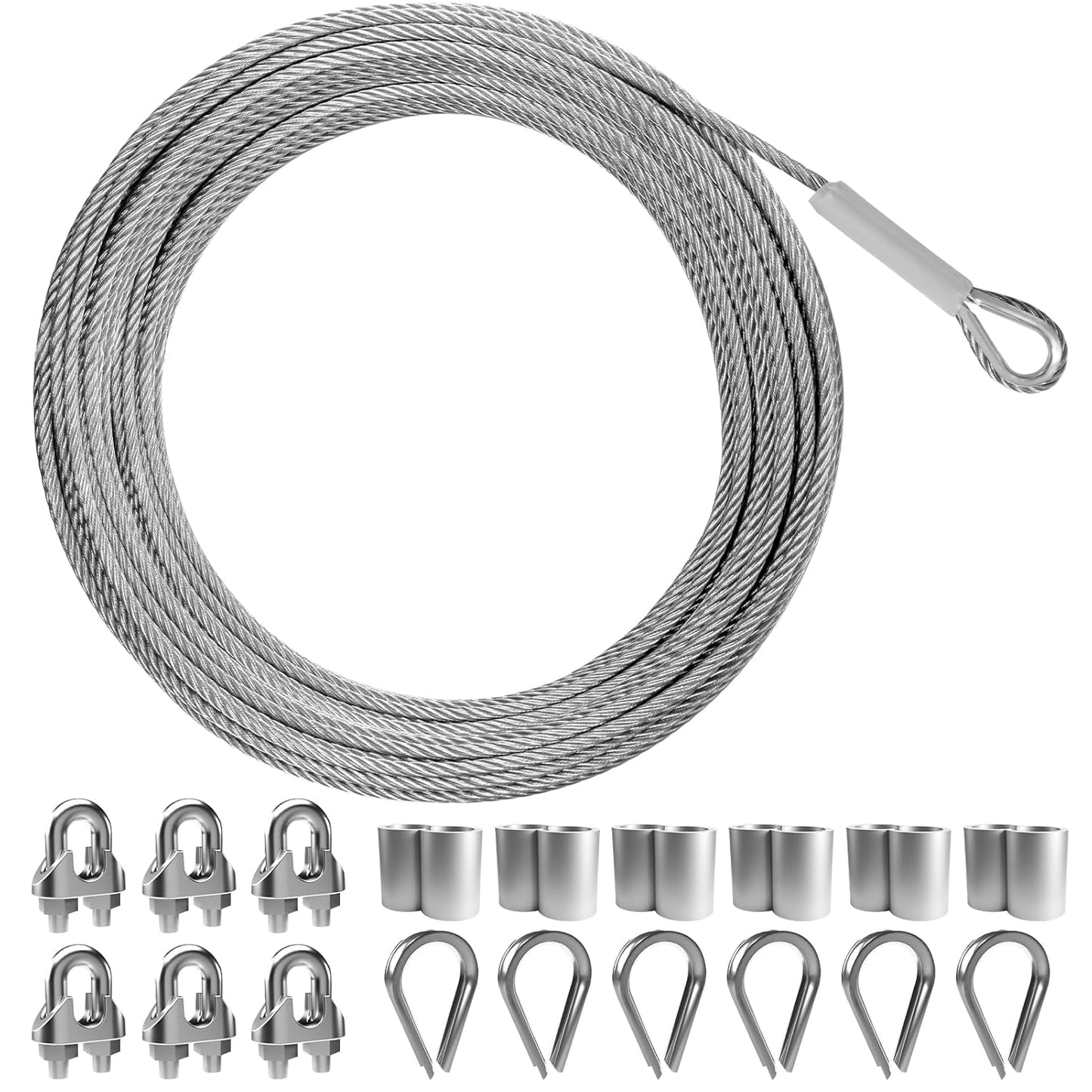 50FT 3/16" 304 Stainless Steel Wire Rope Kit – Includes Sleeves, Clips, Thimbles for Deck Railings and Outdoor Use