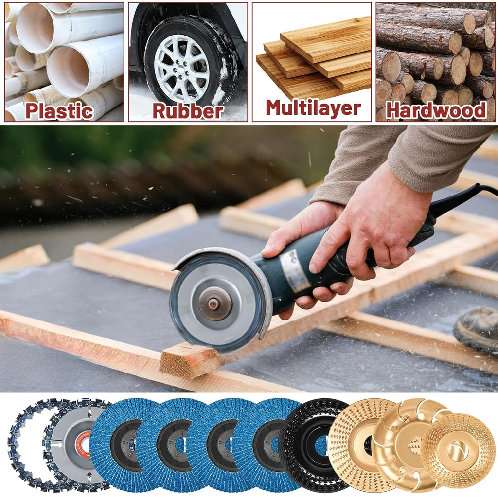 11PCS Wood Carving Disc Set for 4" or 4 1/2" Angle Grinder – Woodworking Attachment for Cutting, Carving, Polishing