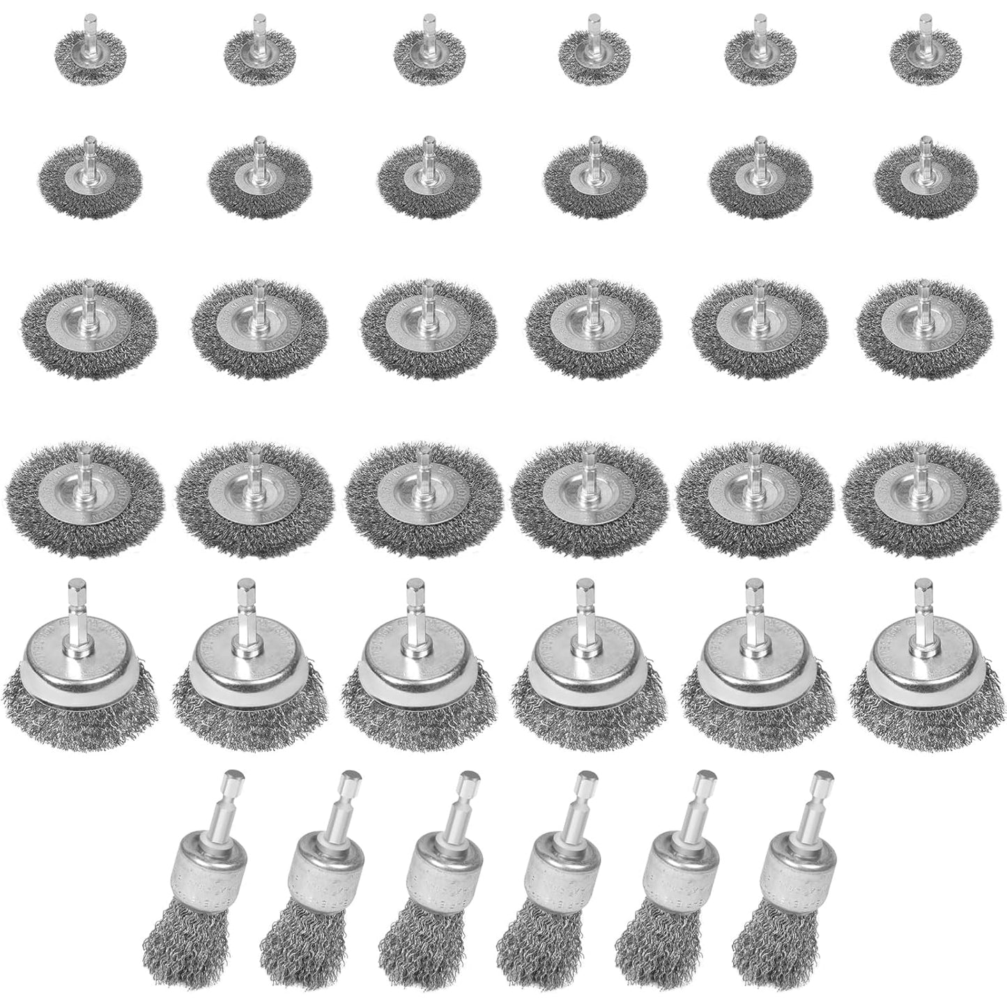 36-Pack Wire Brush Set for Drill – Coarse Carbon Steel Wheel, Cup & Pen Brushes with 1/4" Hex Shank for Paint & Rust Removal