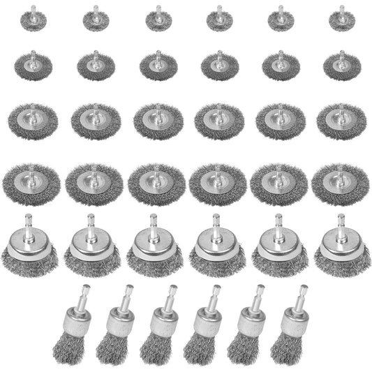 36-Pack Wire Brush Set for Drill – Coarse Carbon Steel Wheel, Cup & Pen Brushes with 1/4" Hex Shank for Paint & Rust Removal