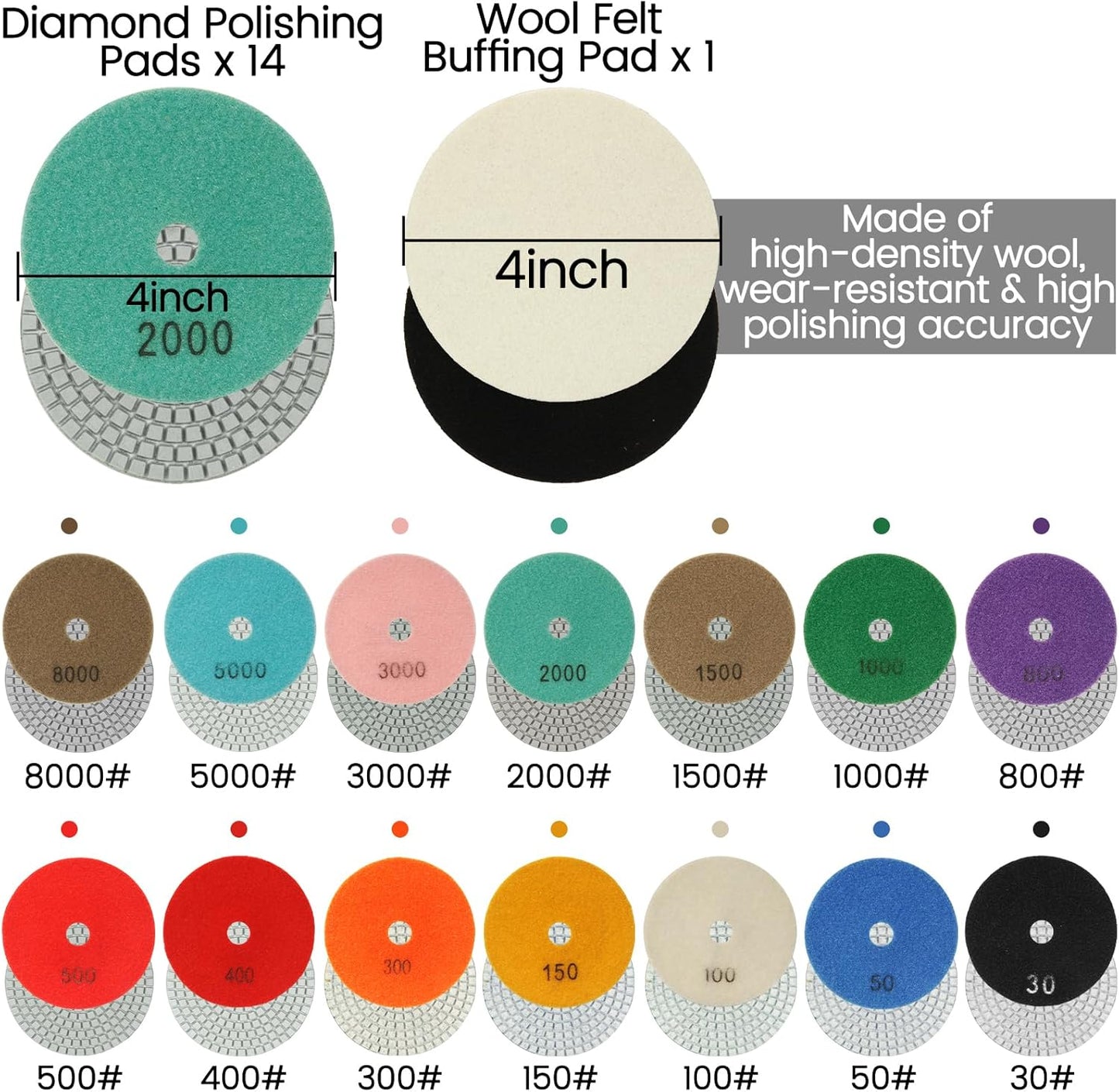 4 Inch Diamond Polishing Pads,16 Pack Wet/Dry Polish Pad Kit with 5/8’’-11 Backer Pad for Drill, Grinder, Polisher,30-8000 Grit Pads for Granite Marble Concrete Stone Quartz