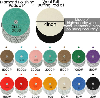 4 Inch Diamond Polishing Pads,16 Pack Wet/Dry Polish Pad Kit with 5/8’’-11 Backer Pad for Drill, Grinder, Polisher,30-8000 Grit Pads for Granite Marble Concrete Stone Quartz