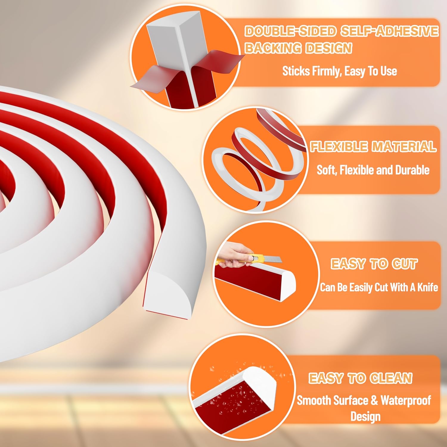 10ft 3/4" White Flexible Rubber Trim – Self-Adhesive Quarter Round Molding