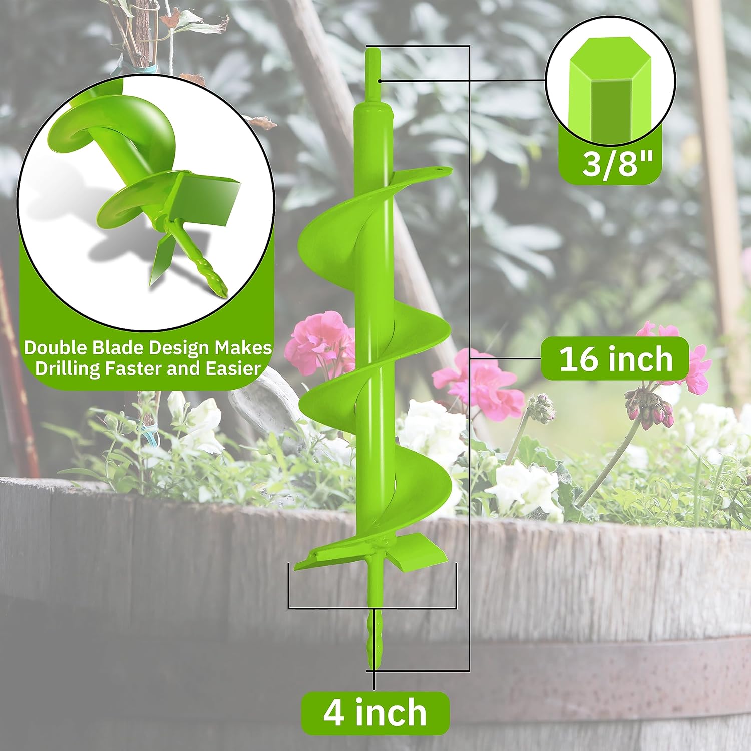 4" x 16" Heavy Duty Garden Auger Drill Bit – Double Blade for Planting, 3/8" Hex Drive