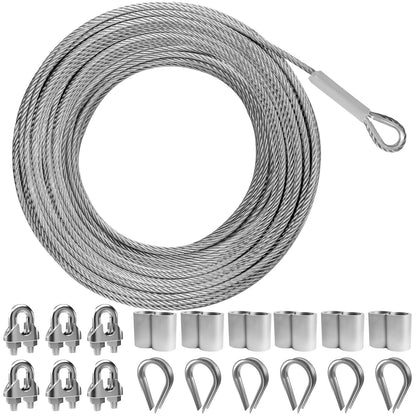 50FT 3/16" 304 Stainless Steel Wire Rope Kit – Includes Sleeves, Clips, Thimbles for Deck Railings and Outdoor Use