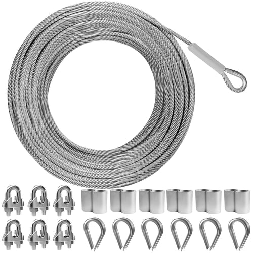 50FT 3/16" 304 Stainless Steel Wire Rope Kit – Includes Sleeves, Clips, Thimbles for Deck Railings and Outdoor Use