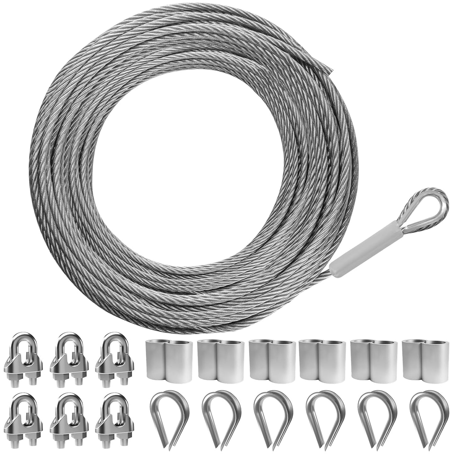 50FT 1/4" 304 Stainless Steel Wire Rope Kit – Includes Sleeves, Clips, Thimbles for Deck, Railings, and Outdoor Use