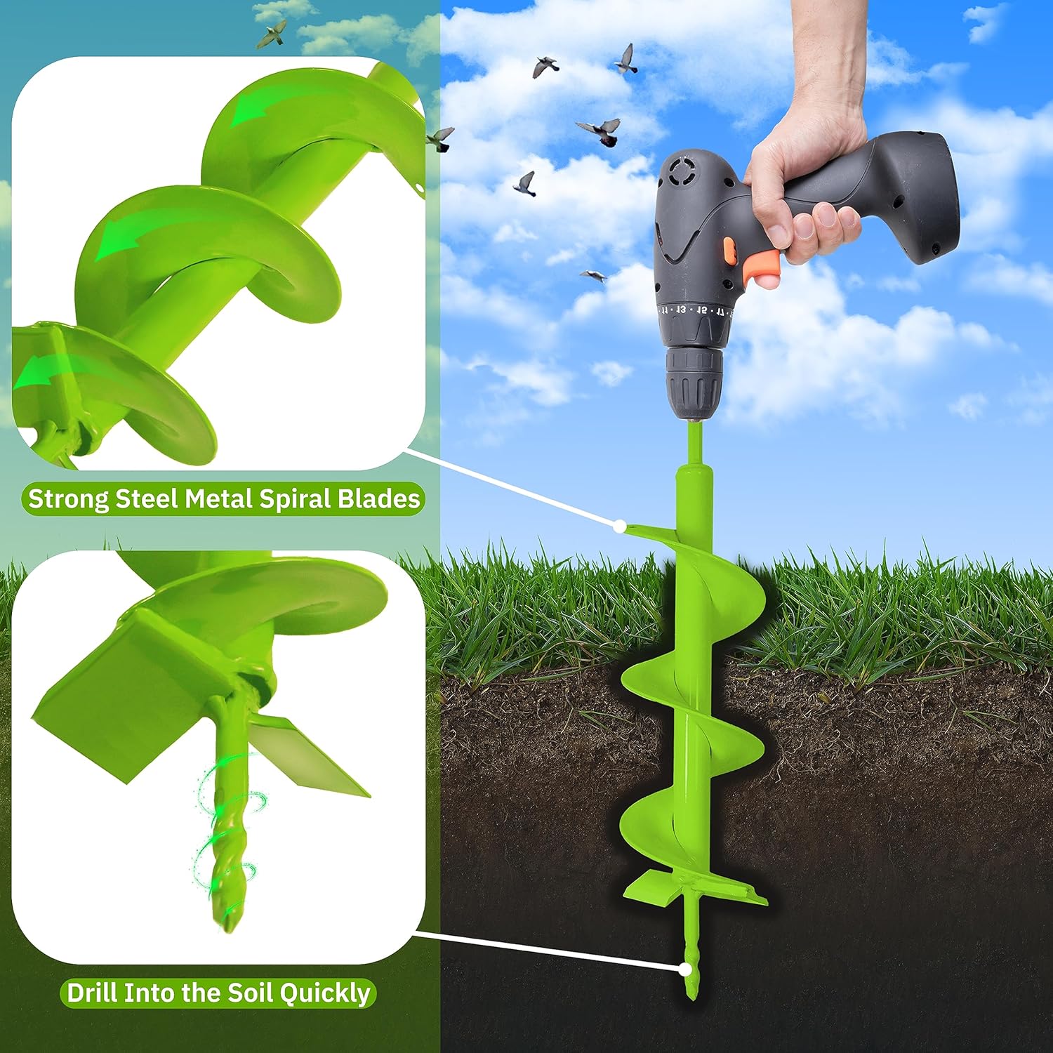 4" x 16" Heavy Duty Garden Auger Drill Bit – Double Blade for Planting, 3/8" Hex Drive